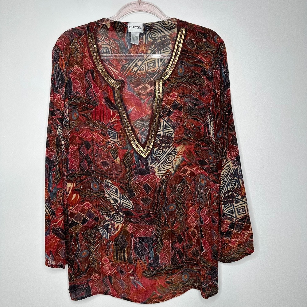 Chicos Popover Tunic Top Size L Embellished Sequin Artsy Boho V Neck 2